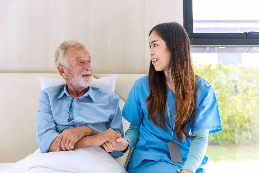 Caregiver nurse take care a Senior patient. Nurse helping senior Man